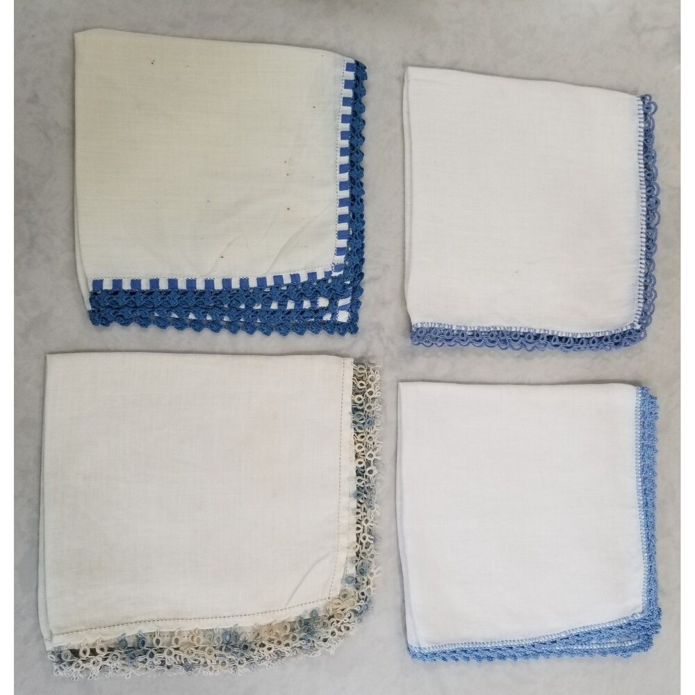 Set of 4 Vintage White Handkerchiefs Blue Crochet Lace Trim